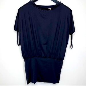 Black Oversized Short Sleeve Blouse w/ Rhinestone Size Large Classy Black Tie
